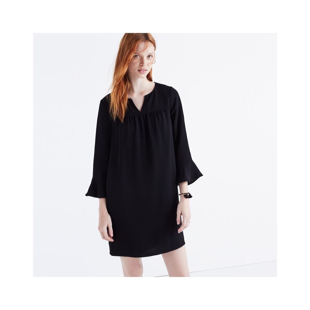 Madewell Starland Bell-Sleeve Dress Black  V-neck Womens Size Medium Pockets EUC